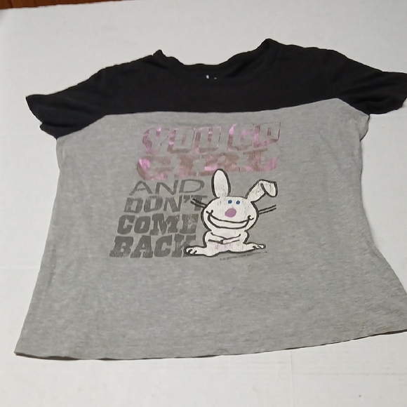 Jim Benton Happy Bunny You Go Girl Black & Gray Graphic Tee T-shirt Y2K RARE - Picture 1 of 10